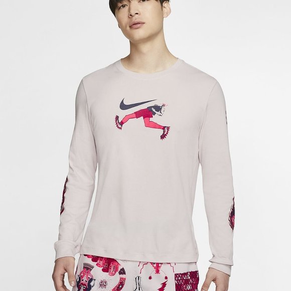 The NIKE TEE men's XL running long sleeve Dri-Fit shirt pink graphic print logo - Picture 12 of 12